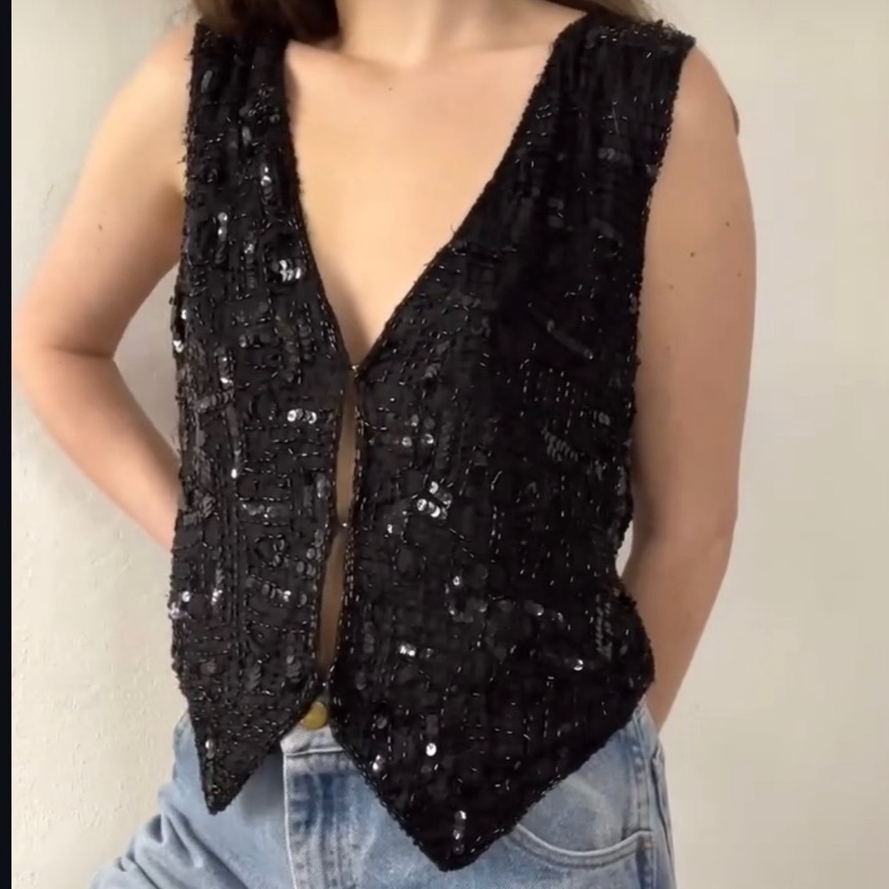 Cee Cee Vintage Black Silk Beaded Sequin Cropped Vest V-Neck Evening Top‎ Lined